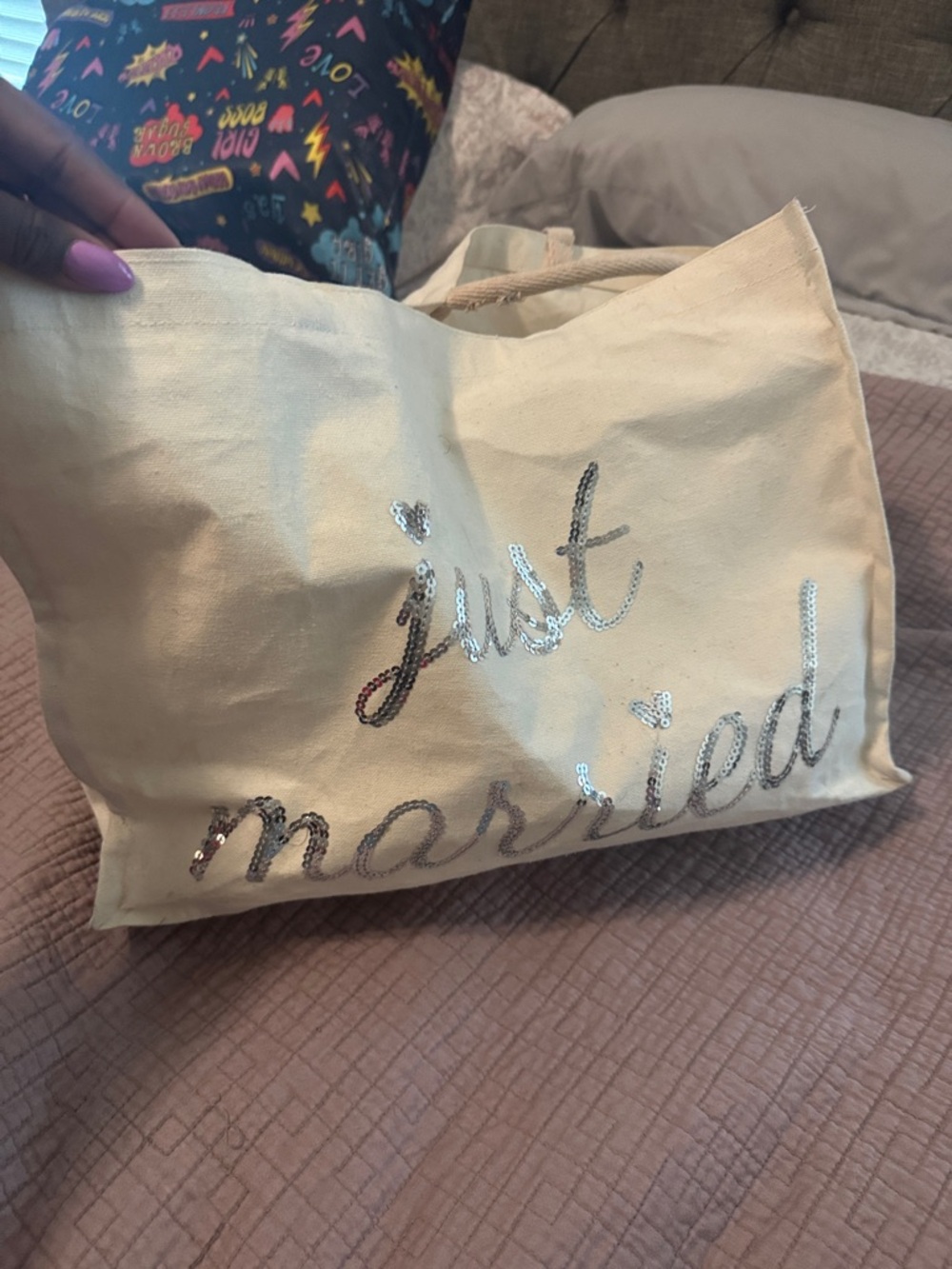 Just Married Sequin Canvas Tote Bag - Cream
